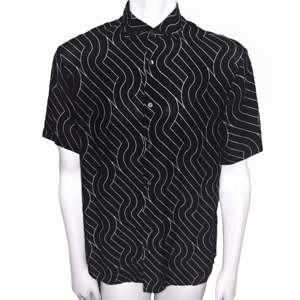 Emporio Armani Sheer Black Short-Sleeve Button-Up Shirt - Geometric Wave Pattern